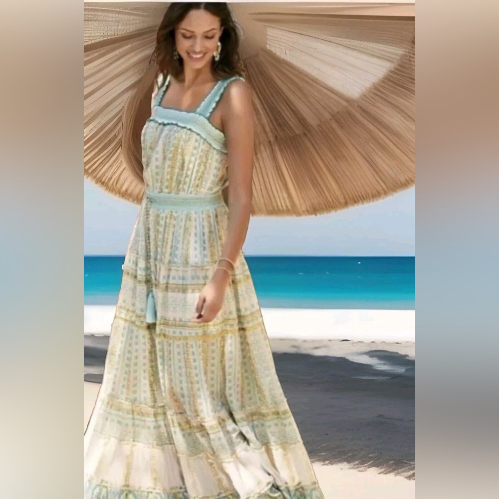 Soft Surroundings Aegean Tiered Maxi Dress Boho Metallic Size M Beachy NWOT - Picture 2 of 15